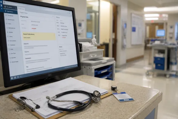Stethoscope and medical software on a desk in a healthcare facility.