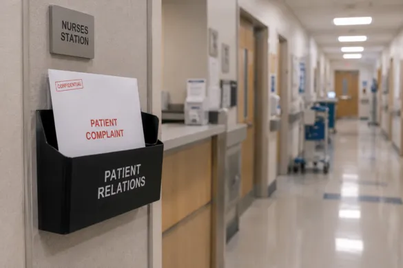 A confidential patient complaint form inside a wall box at a hospital nurses station.