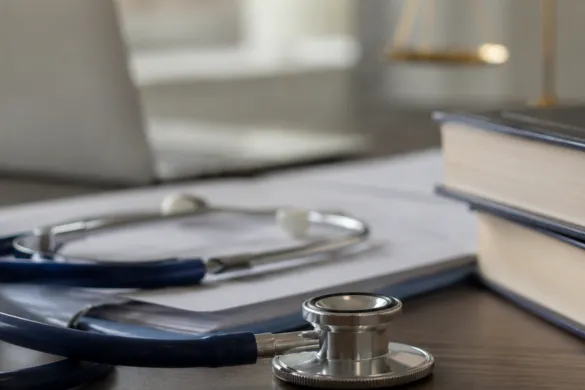 A stethoscope resting on a document folder next to law books and a scale of justice.