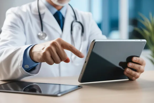 A doctor wearing a white coat and stethoscope using a digital tablet at a desk.