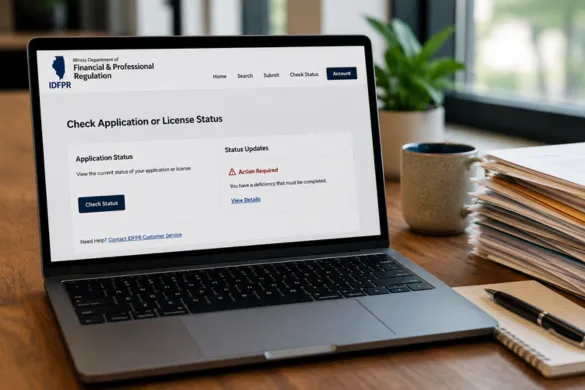 A laptop displaying an IDFPR online application and license status portal on a wooden desk next to a stack of paperwork and a coffee mug.