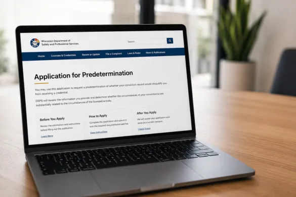 A laptop displaying the Wisconsin Department of Safety and Professional Services online portal for an Application for Predetermination on a wooden desk.
